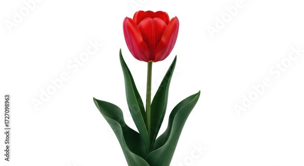 Obraz Isolated vibrant red tulip bloom with green stem and leaves close-up plant photography
