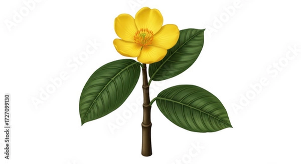 Obraz Isolated yellow flower with green leaves and stem beautiful botanical drawing on a plain surface