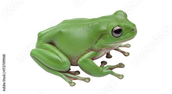 Obraz Isolated Green Tree Frog sitting, cute and smooth-skinned, in front-facing view against space