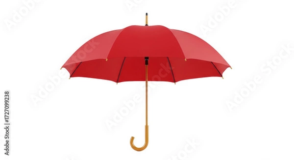 Obraz Isolated red umbrella, protecting from the rain with sturdy canopy and bent, wooden handle