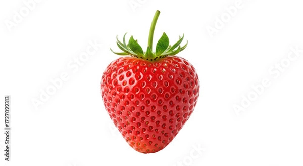 Obraz Isolated close-up of a single, perfect, ripe, juicy red strawberry with green leaves; sweet fruit
