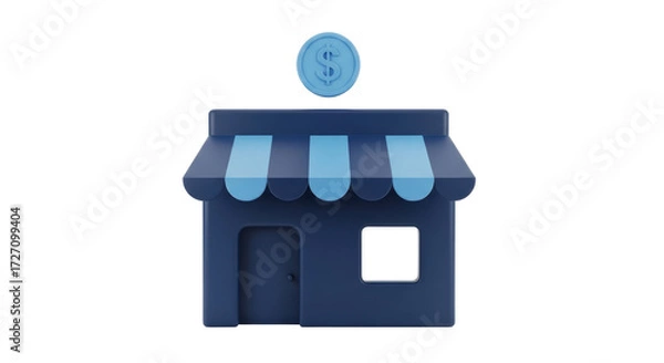 Obraz Isolated stylized business shop illustration with dollar coin above, commerce concept