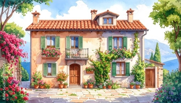 Obraz Quaint two-story house with a red-tiled roof, adorned with lush pink flowers
