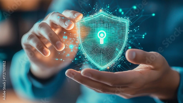 Fototapeta Human hand reaches toward bright holographic shield with keyhole, symbolizing digital security and protection. glowing network connections emphasize cybersecurity