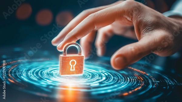 Fototapeta Human hand reaches toward glowing holographic padlock, symbolizing digital security and protection. futuristic design highlights technology role in safeguarding information
