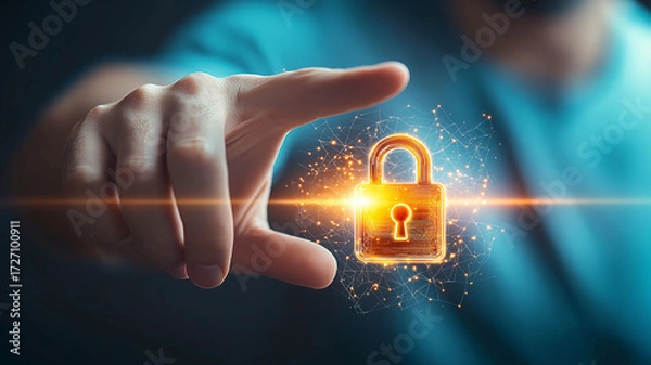 Fototapeta Human hand reaches toward glowing holographic padlock, symbolizing digital security and protection. futuristic design conveys innovation and technology