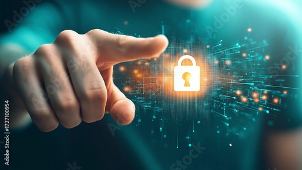 Fototapeta Human hand reaches toward glowing holographic padlock, symbolizing digital security and data protection. futuristic design conveys sense of innovation and technology