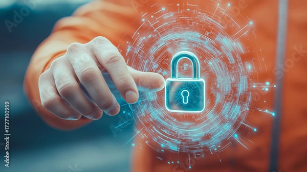 Fototapeta Hand reaches toward glowing holographic padlock, symbolizing digital security and protection. futuristic design emphasizes technology and innovation in cybersecurity