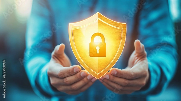 Fototapeta Person holding illuminated shield icon with lock in center, symbolizing security and protection. glowing shield conveys sense of safety and trust