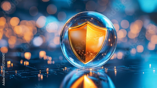 Fototapeta Glowing golden shield is encased in transparent sphere, hovering over digital circuit board. scene is illuminated with blue and orange bokeh lights, creating futuristic and secure atmosphere