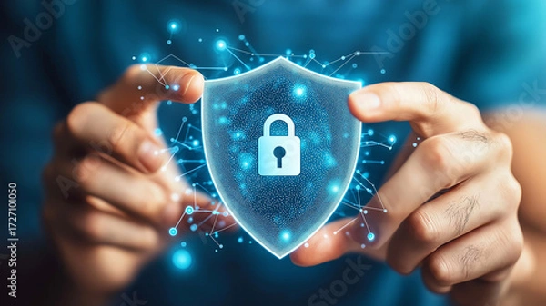 Fototapeta Person holds illuminated shield icon with lock in center, symbolizing cybersecurity and data protection. glowing shield is surrounded by digital network connections