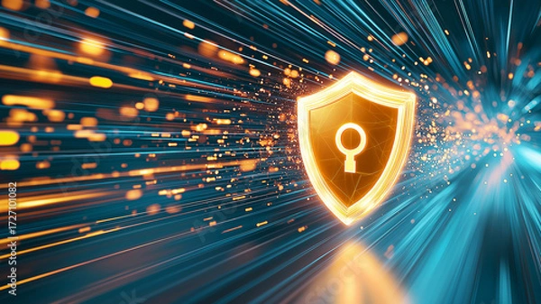 Fototapeta Glowing shield with lock symbol hovers amidst dynamic, illuminated lines, symbolizing digital security and protection. vibrant colors and motion create futuristic and secure atmosphere