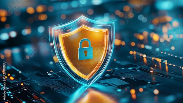 Fototapeta Glowing shield with lock symbol hovers over circuit board, symbolizing cybersecurity and data protection. vibrant colors and futuristic design convey sense of security and innovation