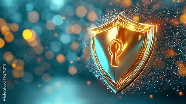 Fototapeta Glowing golden shield with keyhole symbol hovers amidst sparkling bokeh background, symbolizing security and protection. vibrant colors create futuristic and secure atmosphere