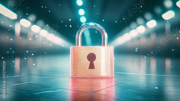 Fototapeta Glowing digital padlock stands on futuristic floor, symbolizing security and technology. baby blue and metallic hues create modern, secure atmosphere