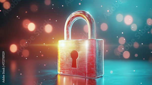 Fototapeta Glowing digital padlock hologram in vibrant colors symbolizes security and technology. luminous effect and bokeh background create futuristic and secure atmosphere
