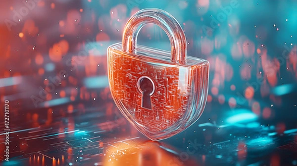 Fototapeta Holographic padlock symbolizes cyber security in digital landscape, with vibrant blue and orange hues creating futuristic atmosphere