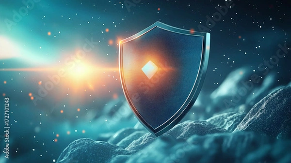 Fototapeta Glowing shield floats in cosmic space scene, surrounded by stars and nebulae, creating futuristic and protective atmosphere. shield luminescence contrasts with dark, starry background