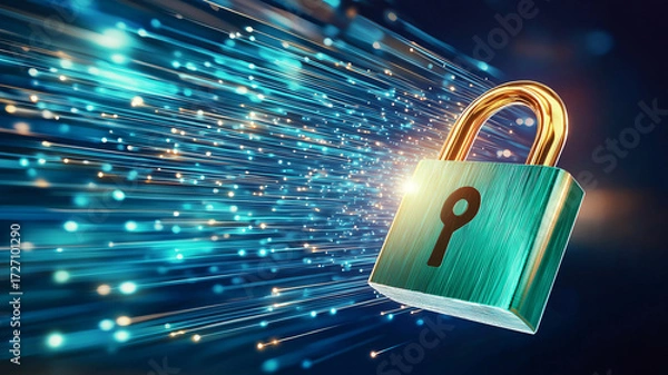 Fototapeta Glowing green lock symbol with futuristic design is surrounded by dynamic light streaks, symbolizing digital security and data protection