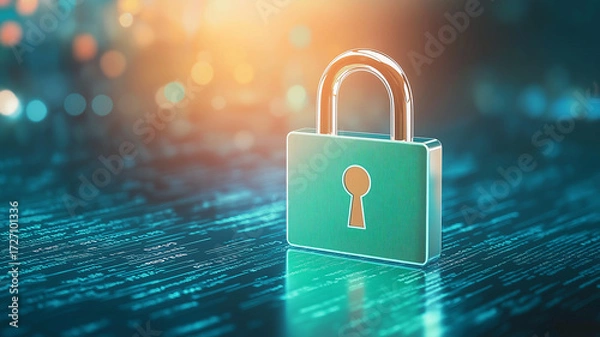 Fototapeta Glowing green lock symbol stands out against digital background, representing cybersecurity and data protection. futuristic design conveys sense of security and innovation