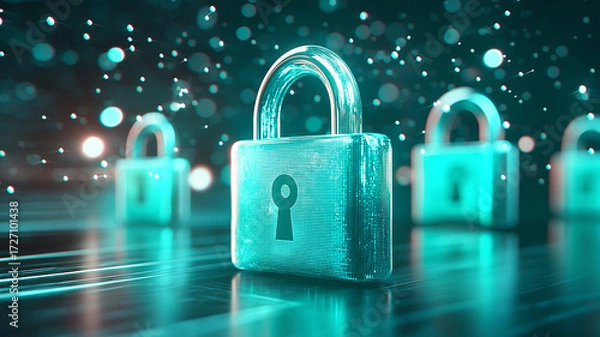 Fototapeta Glowing digital padlock icon in emerald hue symbolizes cybersecurity and data protection in futuristic digital environment. image conveys security and innovation