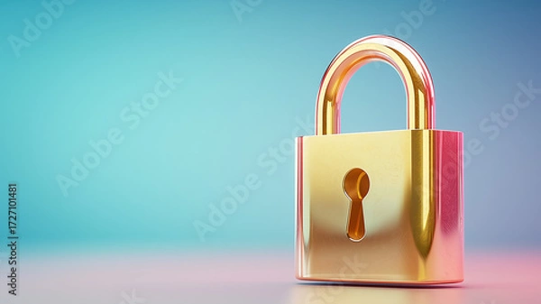 Fototapeta Shiny gold padlock with keyhole is centered against gradient background of blue and pink hues, symbolizing security and protection