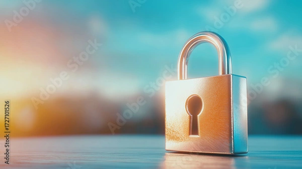 Fototapeta Glowing lock icon floats in futuristic setting, symbolizing security and protection. minimalist design and vibrant colors create modern and secure atmosphere
