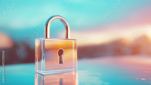 Fototapeta Transparent lock icon glows softly against futuristic, colorful background, symbolizing security and innovation. minimalist design evokes sense of modernity and trust