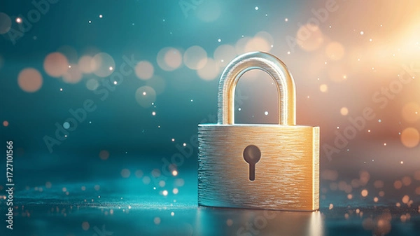 Fototapeta Luminous blue and gold padlock stands out against bokeh background, symbolizing security and elegance. minimalist design and holographic effect create modern, futuristic feel