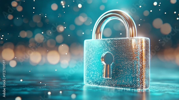 Fototapeta Luminous blue holographic padlock glows in minimalist style, surrounded by sparkling bokeh lights, creating futuristic and secure atmosphere