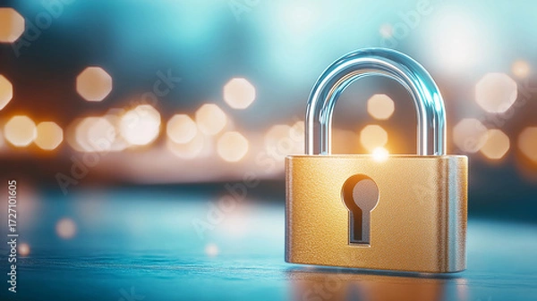Fototapeta Luminous blue holographic padlock stands out against blurred background, creating sense of security and modernity. minimalist design and glowing effect add futuristic touch