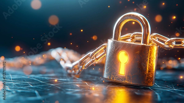 Fototapeta Glowing padlock with chains symbolizes modern cyber protection, surrounded by subtle sparks on dark surface, creating secure and futuristic atmosphere