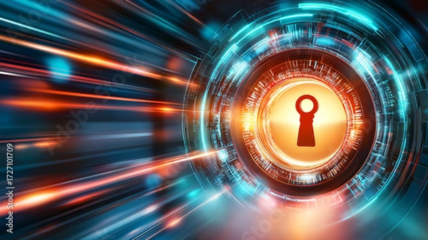 Fototapeta Futuristic glowing keyhole icon surrounded by vibrant digital elements, symbolizing security and technology. dynamic colors and abstract design create sense of innovation and speed