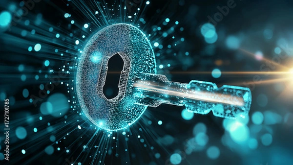 Fototapeta Glowing digital key and keyhole hologram shines with cyan and blue light, symbolizing security and technology. futuristic design evokes sense of innovation and digital advancement