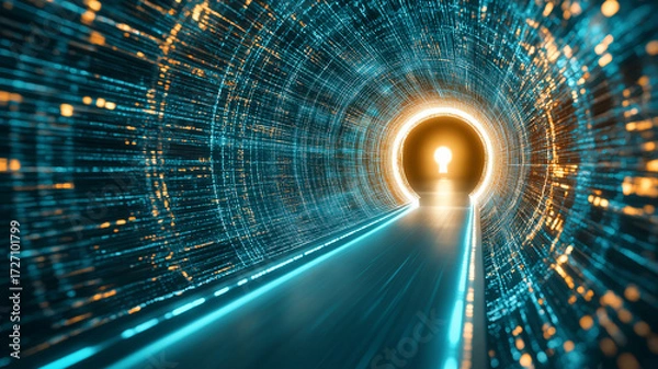 Fototapeta Glowing keyhole hologram shines at end of futuristic digital tunnel, illuminated with cyan and orange lights, creating sense of mystery and technology