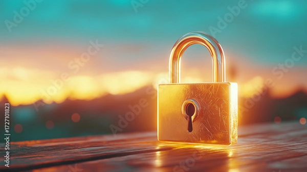 Fototapeta Glowing golden padlock sits on wooden surface, illuminated by warm light of sunset, symbolizing security and protection. serene background enhances sense of safety