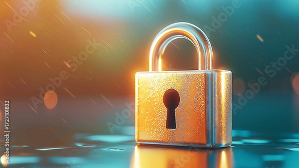 Fototapeta Glowing golden padlock stands on wet surface, illuminated by warm light, symbolizing security and protection. background is softly blurred with bokeh and raindrops
