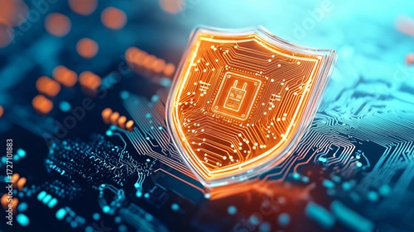 Fototapeta Glowing digital shield with circuit patterns symbolizes cybersecurity over blurred circuit board background, highlighting protection and technology