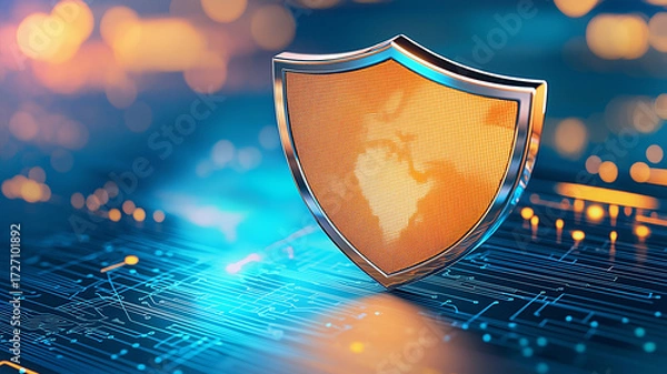 Fototapeta Digital shield with world map design stands over blurred circuit board, symbolizing global cybersecurity and protection. vibrant colors and glowing elements convey sense of advanced technology