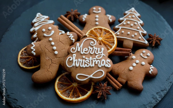 Fototapeta Gingerbread Cookie Display Featuring Christmas Trees, Snowmen, Bells, Candy Canes, Snowflakes, and Merry Christmas Centerpiece, Festive Holiday Treats with White Icing, Dried Oranges, Cinnamon Sticks.