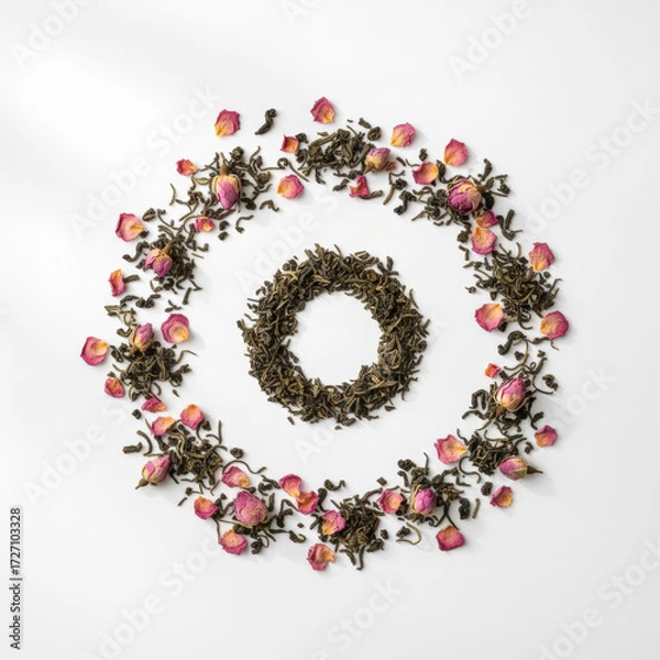 Fototapeta Artistic composition of dried green tea leaves and delicate pink rose petals arranged in two circular wreaths, creating a visually appealing and organic design against a clean white background .