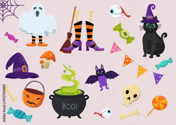 Fototapeta Halloween party set with ghost, black cat, cauldron, broom, skull, bones, candies and flags. For invitations, posters, stickers, labels and printable decor.
