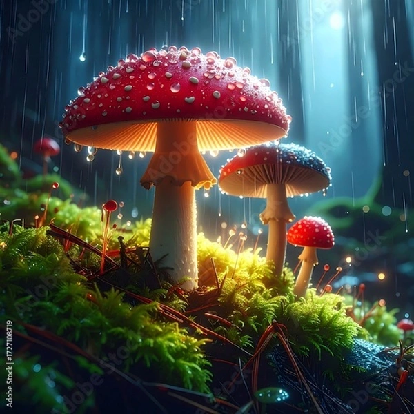 Fototapeta Rain-drenched mushrooms in a mystical forest