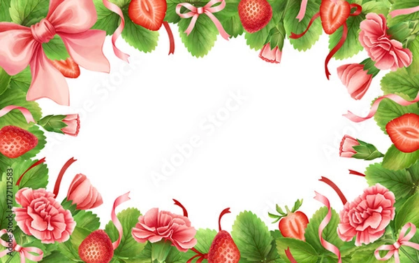 Fototapeta Horizontal vintage frame banner designed of strawberries flowers coquette bows on white background