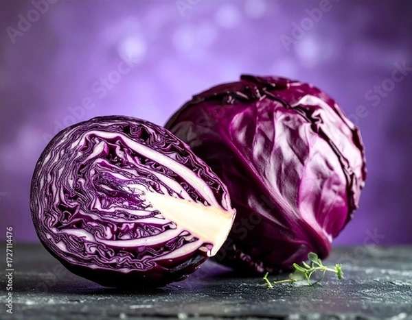 Fototapeta Red cabbage halves on dark surface