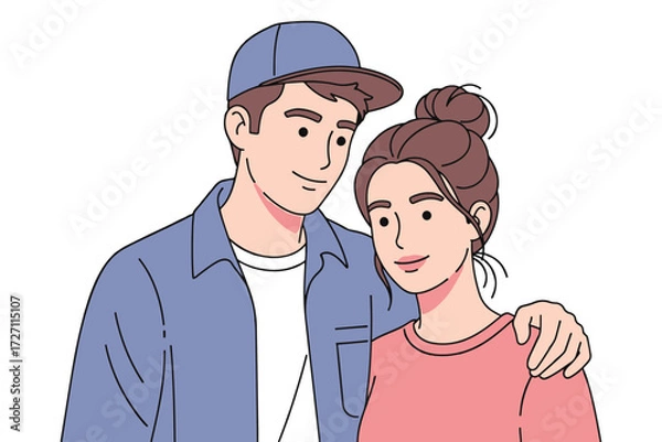 Fototapeta A young couple in casual attire embracing affectionately, isolated on white background a tender moment captured in a stylish illustration of love and connection vector