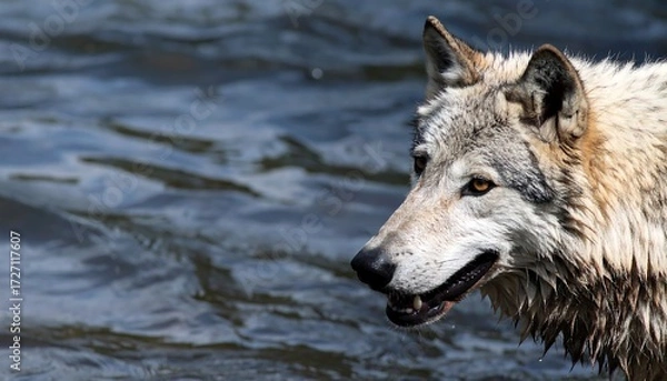 Obraz Profile portrait of a wolf emerging from rippled blue water, head turned to right