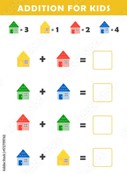 Fototapeta Addition for Kids. Fun Math Logic Puzzles for Kids. Math Game with Cute House Illustration. Math Activities for Children.