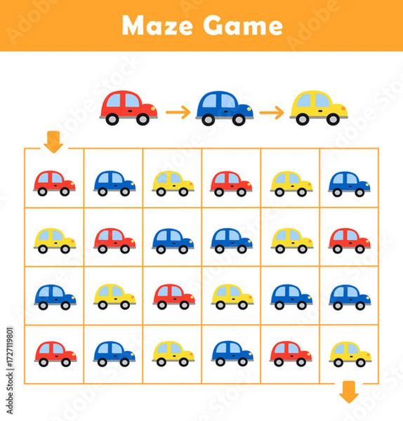 Fototapeta Maze puzzle game for children with cute cars. Logic Labyrinth with Code Navigation. Kids labyrinth puzzle. Maze activity sheet for kids.