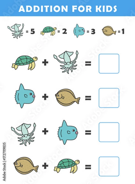Fototapeta Addition for Kids. Fun Math Logic Puzzles for Kids. Math Game with Cute Marine Life. Math Activities for Children.